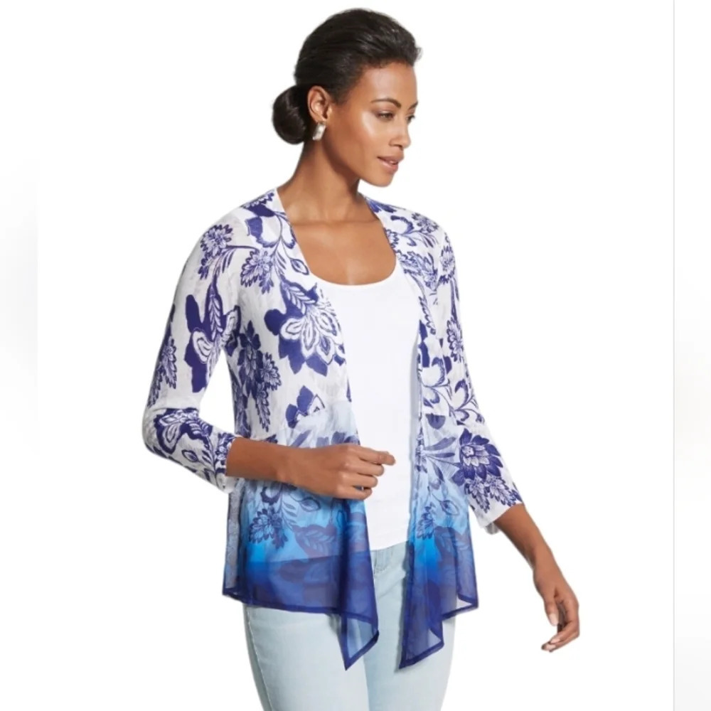 Chicos Floral Contrasting Blue & White Mixed Media Open Front Cardigan 1 Medium